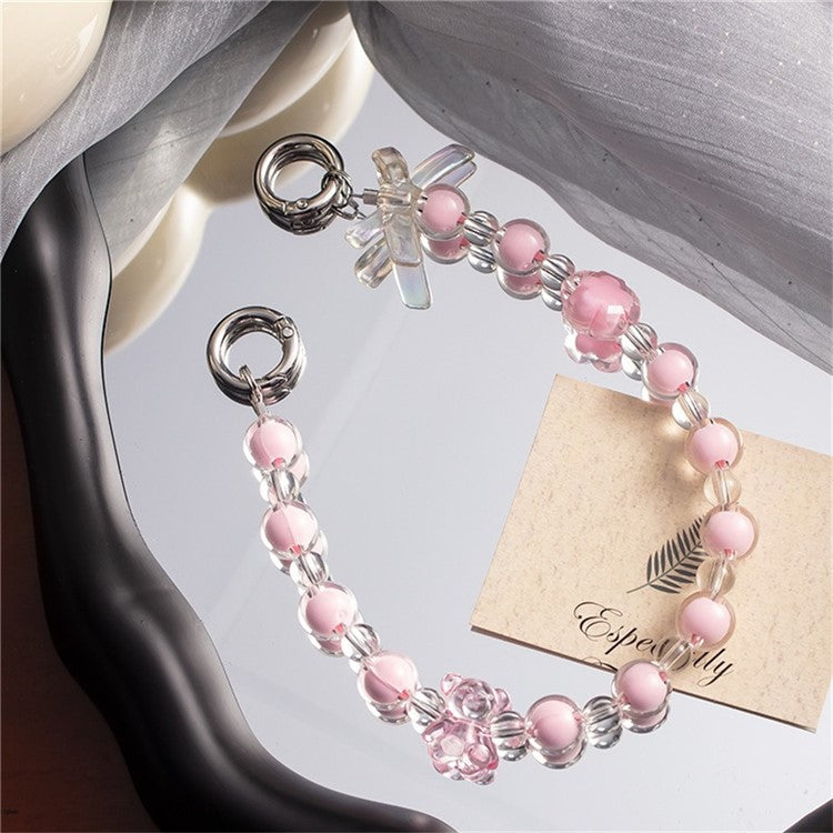 Beaded Phone Bracelet Strap Crystal Beaded Phone Charm Hand Wrist Lanyard, Total Length: 30cm - Pink / with Tether Tab