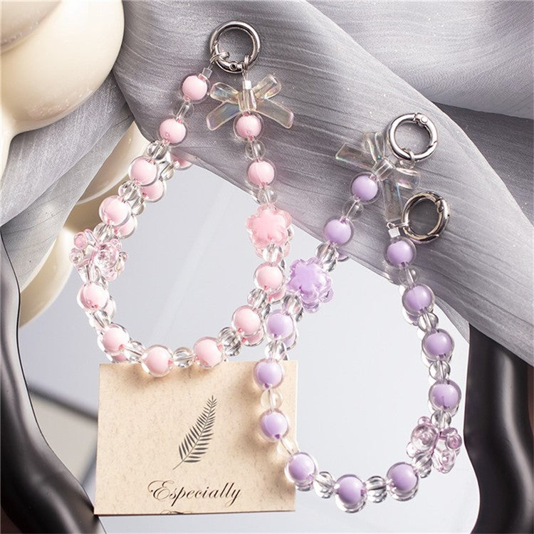 Beaded Phone Bracelet Strap Crystal Beaded Phone Charm Hand Wrist Lanyard, Total Length: 30cm - Pink / With Strap