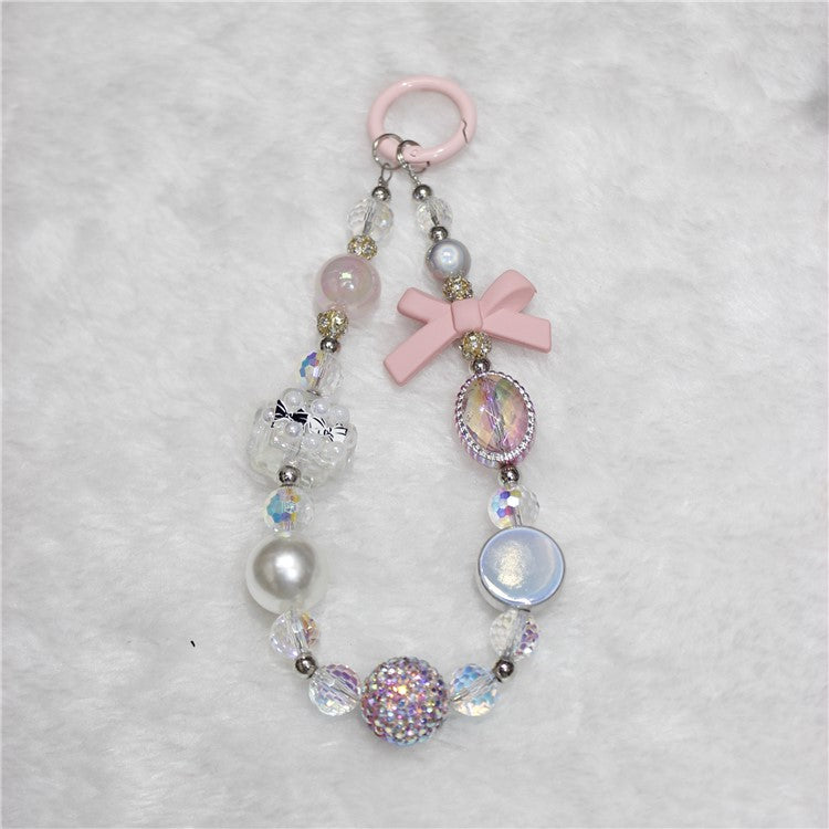 Cell Phone Lanyard 26cm Bow Charm Beads Phone Chain Wrist Strap - Pink