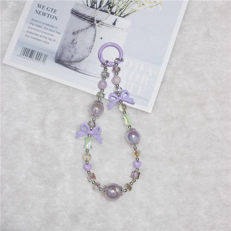 Cell Phone Lanyard 26cm Luminous Beads Bow Charm Phone Chain Wrist Strap - Purple