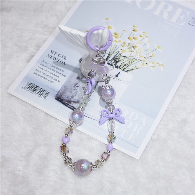 Cell Phone Lanyard 26cm Luminous Beads Bow Charm Phone Chain Wrist Strap - Purple