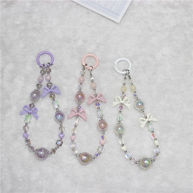 Cell Phone Lanyard 26cm Luminous Beads Bow Charm Phone Chain Wrist Strap - Purple