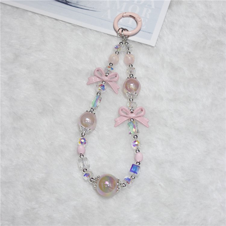 Cell Phone Lanyard 26cm Luminous Beads Bow Charm Phone Chain Wrist Strap - Pink