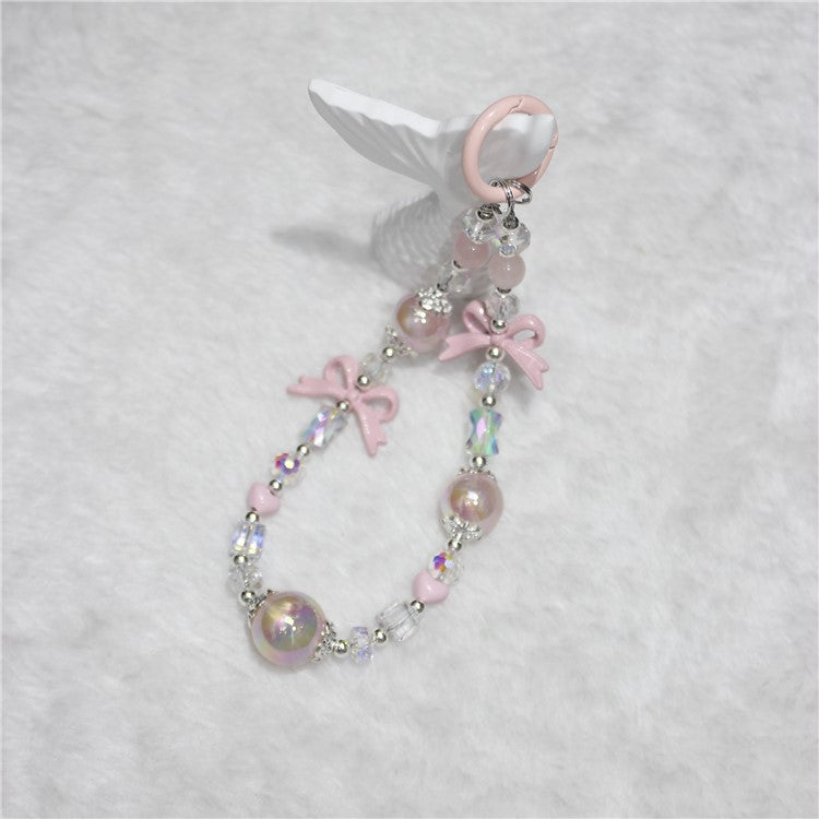 Cell Phone Lanyard 26cm Luminous Beads Bow Charm Phone Chain Wrist Strap - Pink