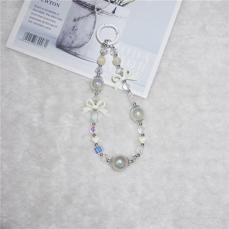 Cell Phone Lanyard 26cm Luminous Beads Bow Charm Phone Chain Wrist Strap - White