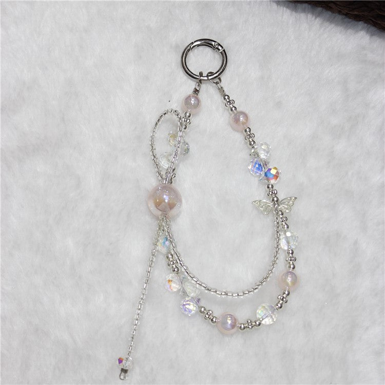 Cell Phone Lanyard 26cm Colorful Crystal Double Chain Phone Chain Wrist Strap - Pink