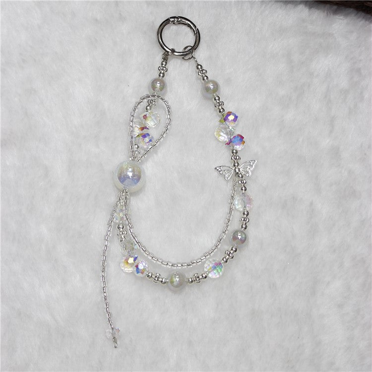 Cell Phone Lanyard 26cm Colorful Crystal Double Chain Phone Chain Wrist Strap - White