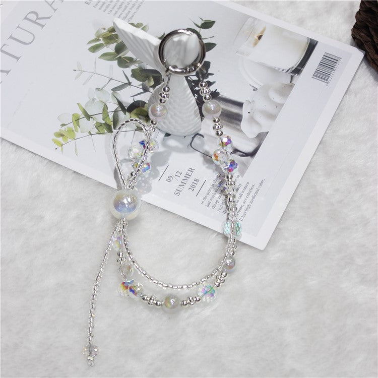 Cell Phone Lanyard 26cm Colorful Crystal Double Chain Phone Chain Wrist Strap - White