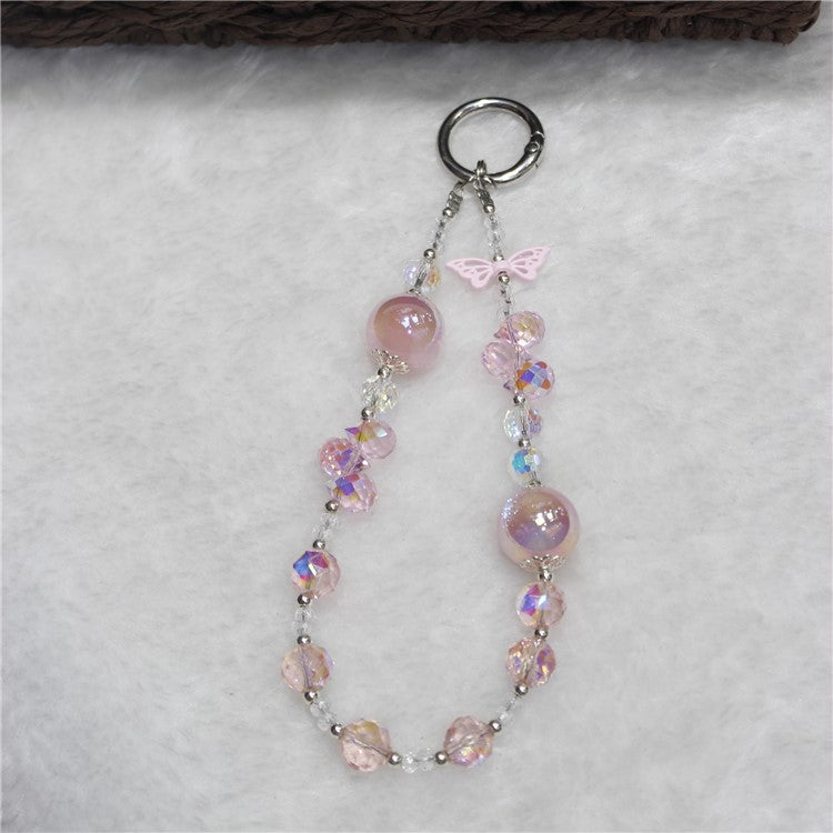 Cell Phone Lanyard 26cm Butterfly Charm Crystal Beads Phone Chain Wrist Strap - Pink