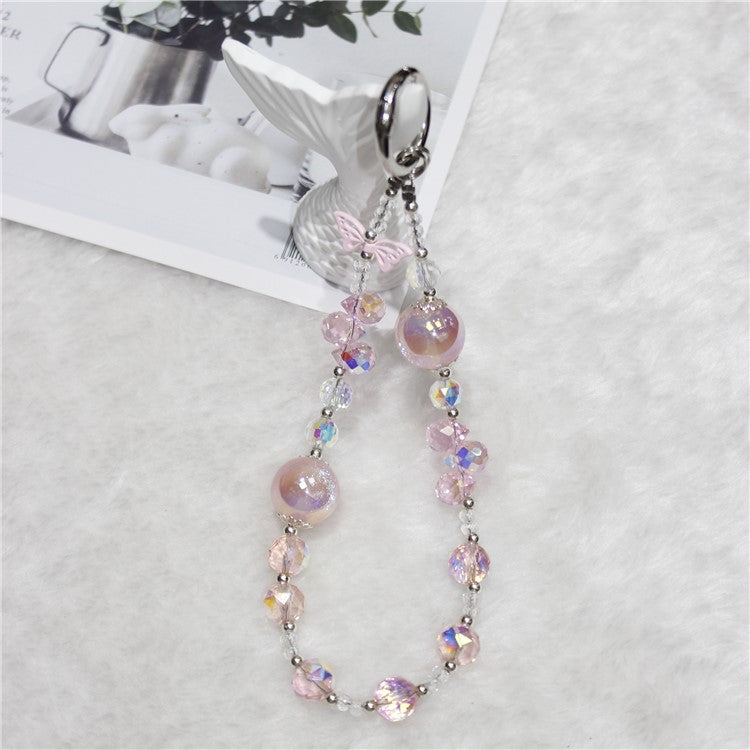 Cell Phone Lanyard 26cm Butterfly Charm Crystal Beads Phone Chain Wrist Strap - Pink