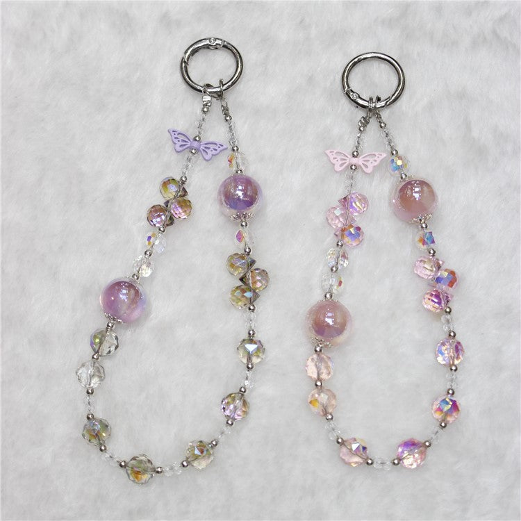 Cell Phone Lanyard 26cm Butterfly Charm Crystal Beads Phone Chain Wrist Strap - Pink