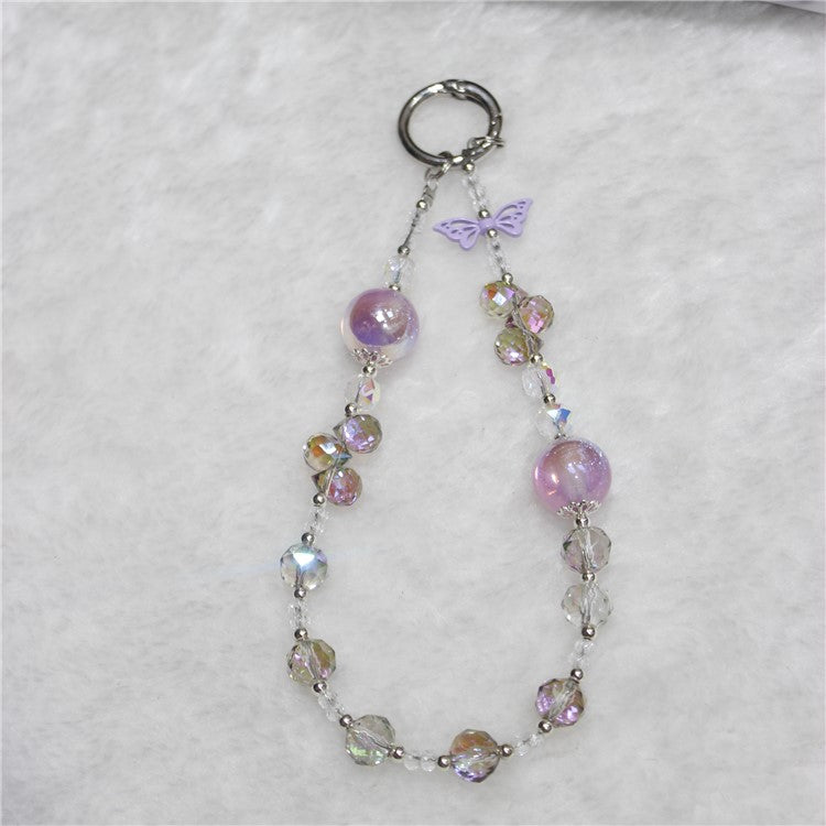 Cell Phone Lanyard 26cm Butterfly Charm Crystal Beads Phone Chain Wrist Strap - Purple