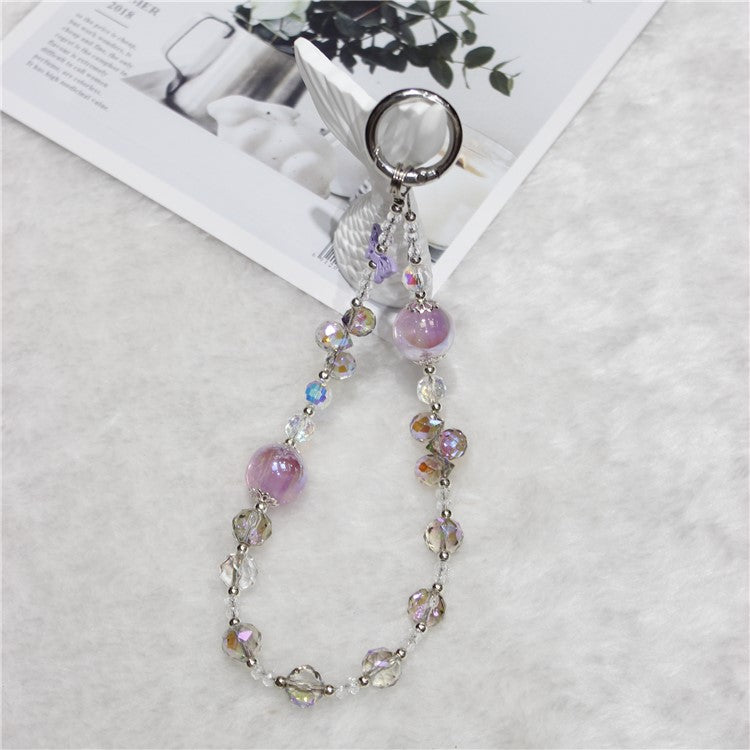 Cell Phone Lanyard 26cm Butterfly Charm Crystal Beads Phone Chain Wrist Strap - Purple