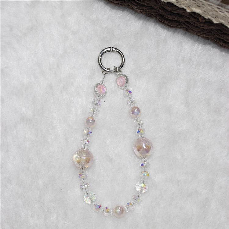 Cell Phone Lanyard 26cm Transparent Beads Wheel Crystal Charm Phone Chain Wrist Strap - Pink