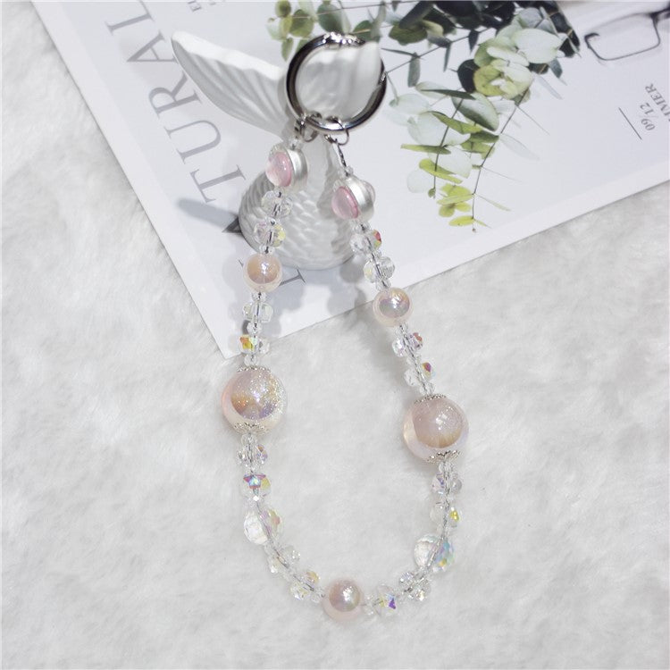 Cell Phone Lanyard 26cm Transparent Beads Wheel Crystal Charm Phone Chain Wrist Strap - Pink