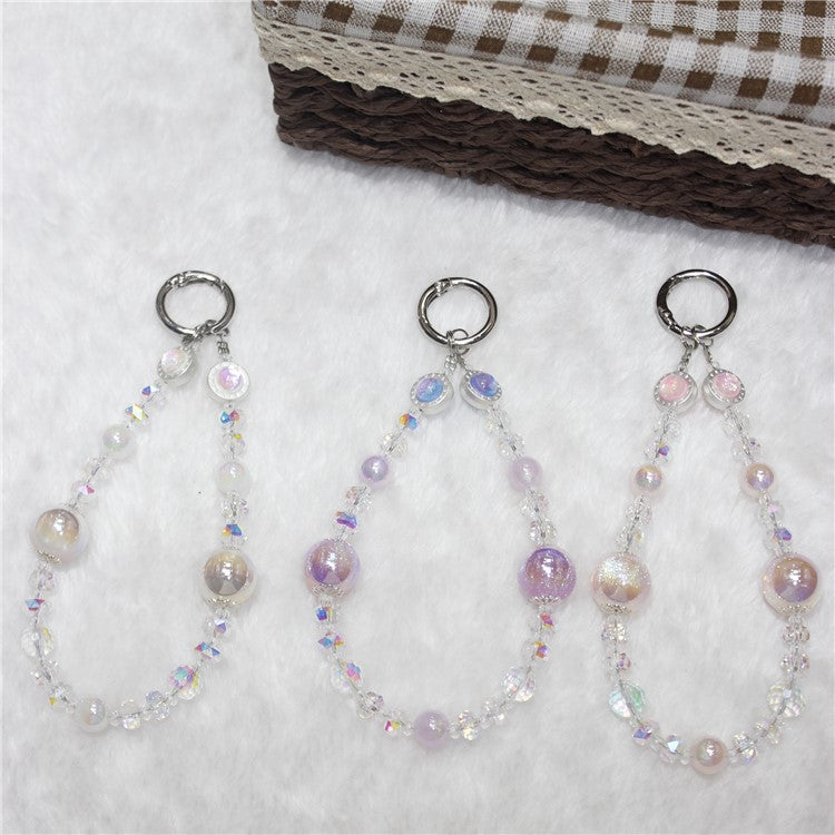 Cell Phone Lanyard 26cm Transparent Beads Wheel Crystal Charm Phone Chain Wrist Strap - Pink