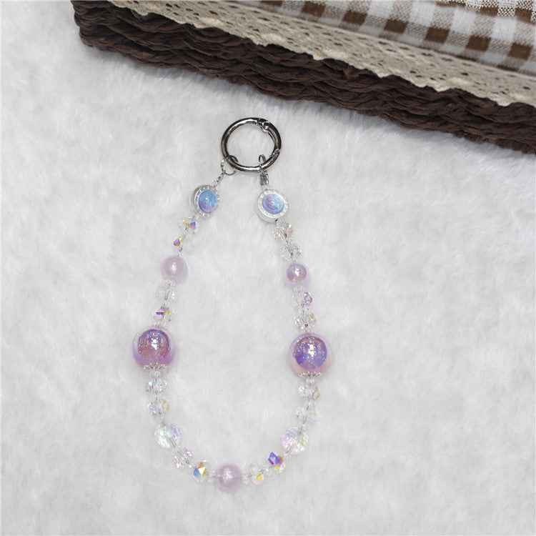 Cell Phone Lanyard 26cm Transparent Beads Wheel Crystal Charm Phone Chain Wrist Strap - Purple