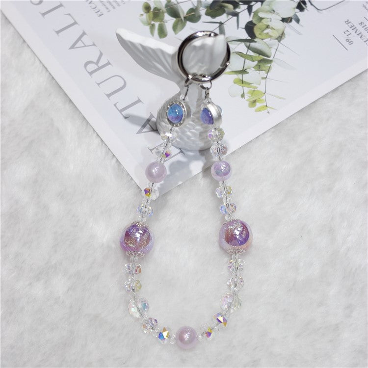 Cell Phone Lanyard 26cm Transparent Beads Wheel Crystal Charm Phone Chain Wrist Strap - Purple