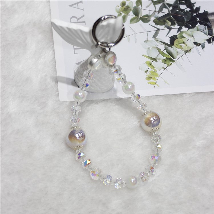 Cell Phone Lanyard 26cm Transparent Beads Wheel Crystal Charm Phone Chain Wrist Strap - White