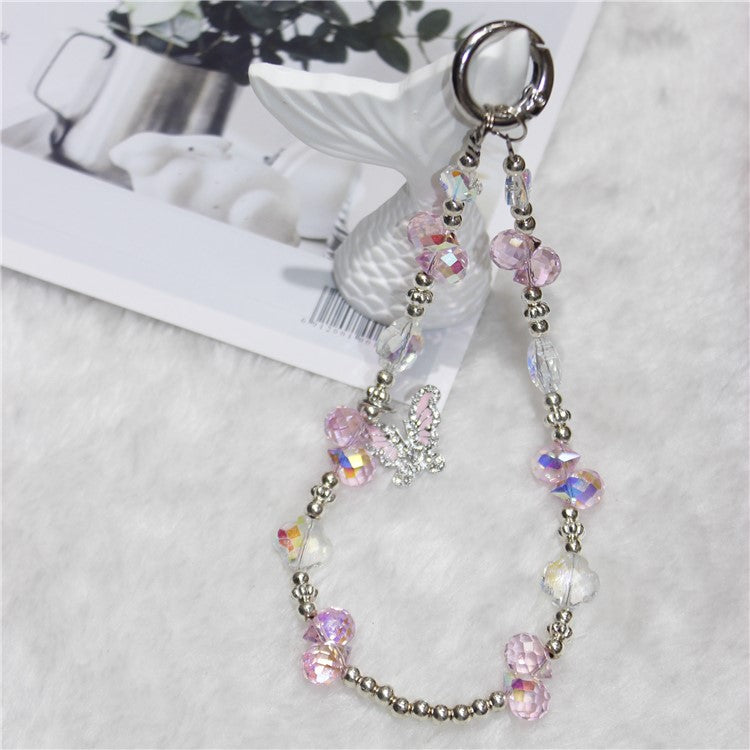 Cell Phone Lanyard 26cm Butterfly Charm Grape Beads Phone Chain Wrist Strap - Pink