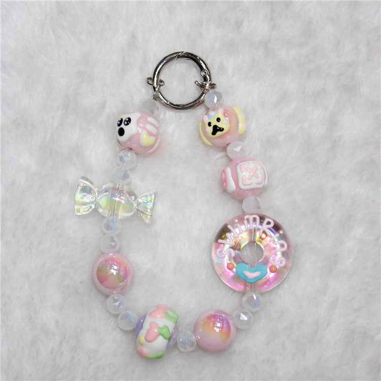 Beaded Phone Lanyard Anti-Lost Short 26cm Phone Charm Doughnut Wristlet Bracelet - Pink