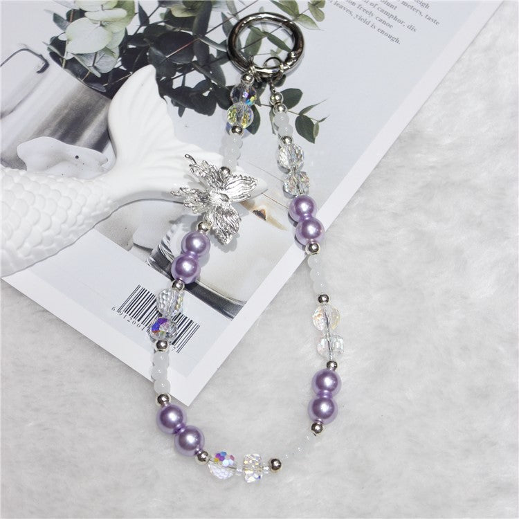 Bead Phone Lanyard Short 26cm Butterfly Hand Wrist Strap Phone Chain Strings - Purple