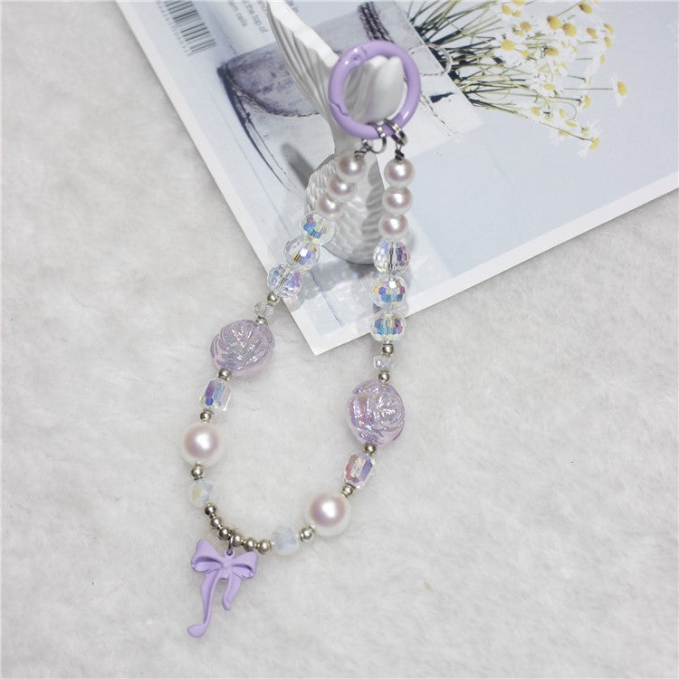 Phone Wrist Strap Short 26cm Flower Bow Accents Beaded Phone Bracelet Strap - Purple