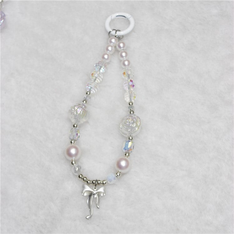 Phone Wrist Strap Short 26cm Flower Bow Accents Beaded Phone Bracelet Strap - Silver