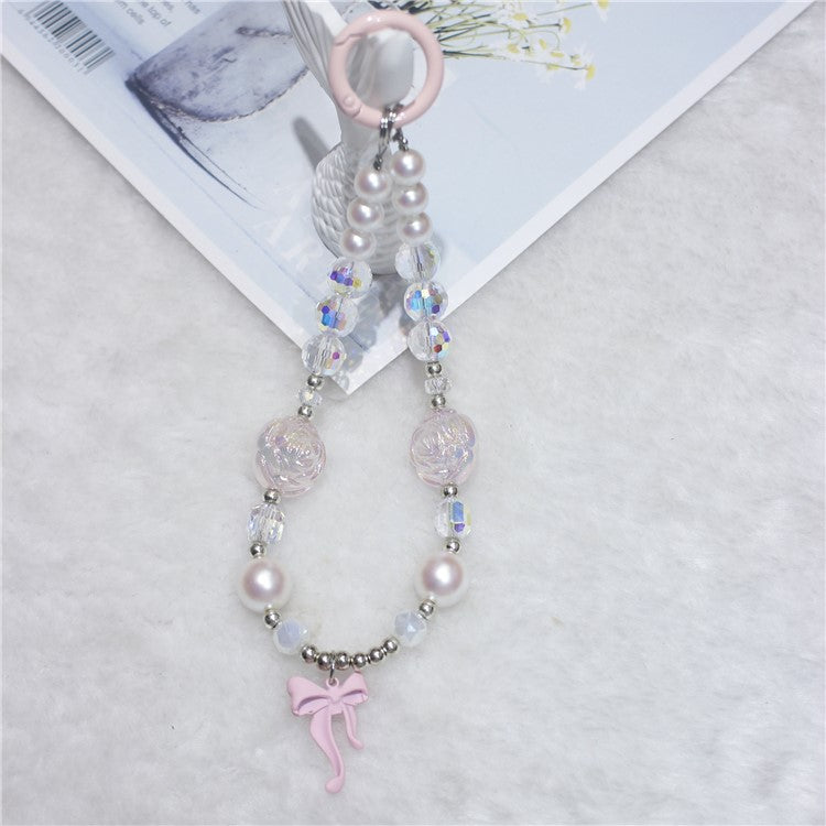 Phone Wrist Strap Short 26cm Flower Bow Accents Beaded Phone Bracelet Strap - Pink