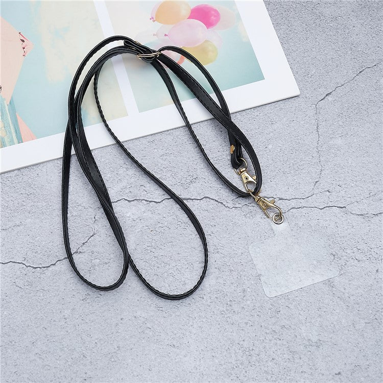 Universal Cell Phone Lanyard Adjustable PU Leather Neck Lanyard Crossbody Neck Strap Wrist Strap with Transparent Pad - Black