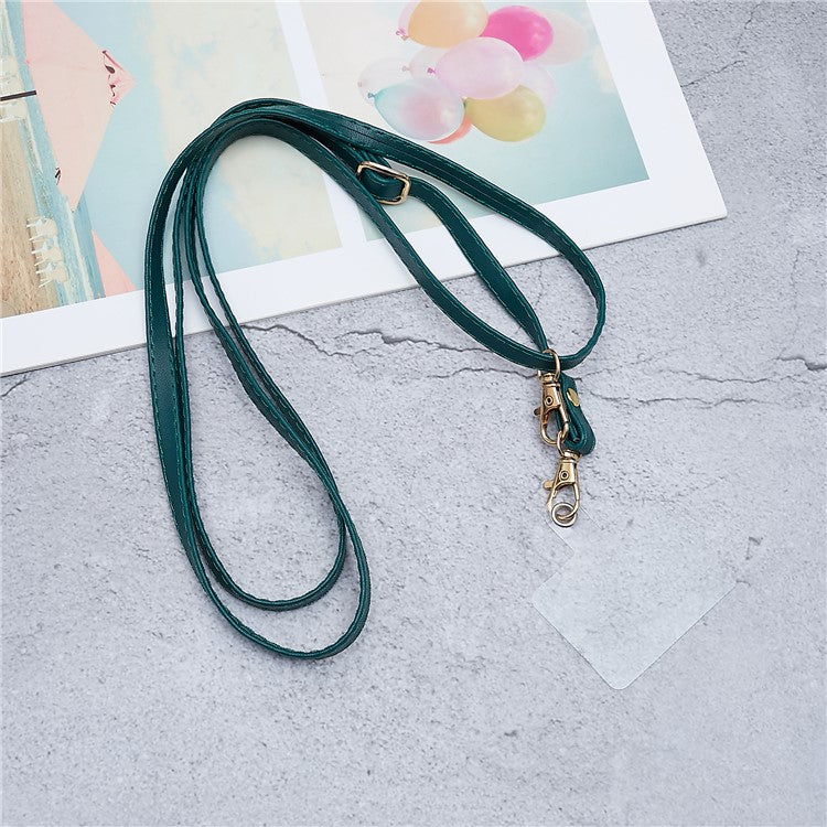 Universal Cell Phone Lanyard Adjustable PU Leather Neck Lanyard Crossbody Neck Strap Wrist Strap with Transparent Pad - Dark Green