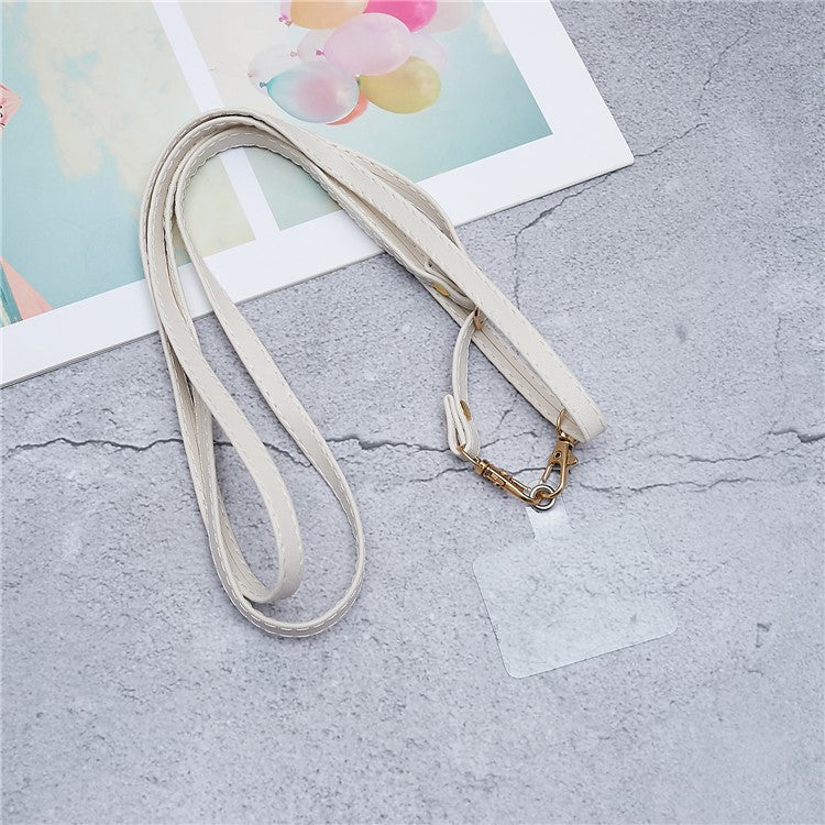 Universal Cell Phone Lanyard Adjustable PU Leather Neck Lanyard Crossbody Neck Strap Wrist Strap with Transparent Pad - White