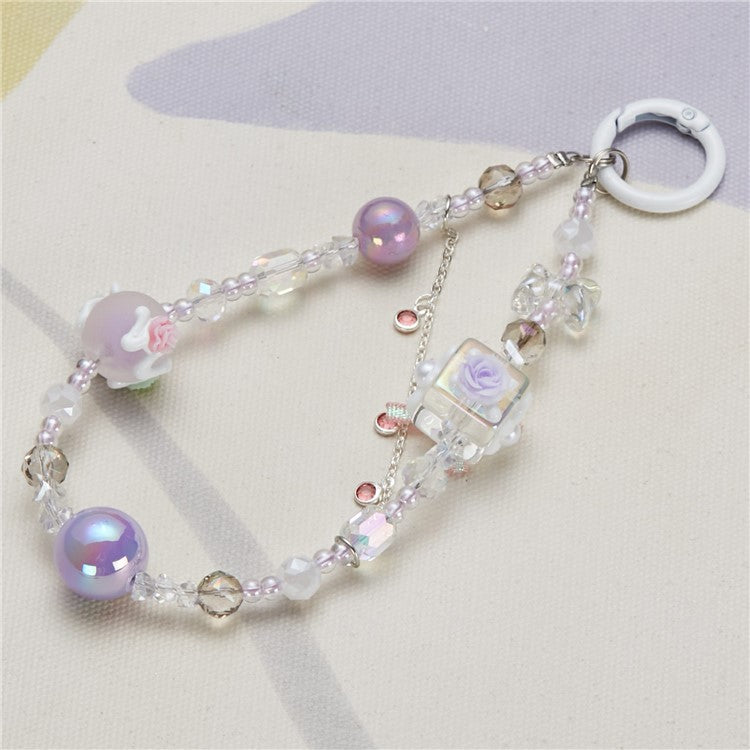 Cell Phone Charm Lanyard 26cm Flower Round Beads Phone Case Wrist Strap for Women Girls - Style A