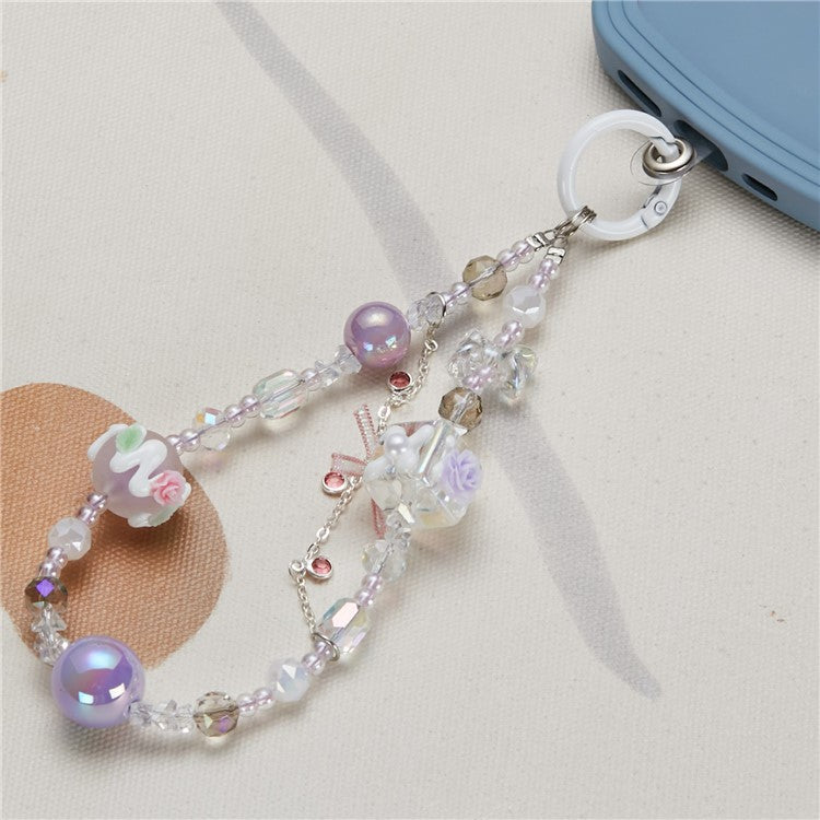 Cell Phone Charm Lanyard 26cm Flower Round Beads Phone Case Wrist Strap for Women Girls - Style A