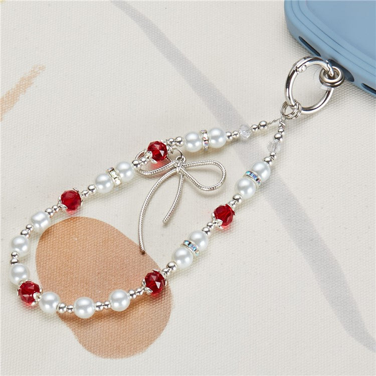 Cell Phone Charm Lanyard 26cm Bowknot Alloy Beads Phone Case Wrist Strap for Women Girls - Red