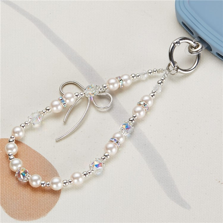 Cell Phone Charm Lanyard 26cm Bowknot Alloy Beads Phone Case Wrist Strap for Women Girls - Beige