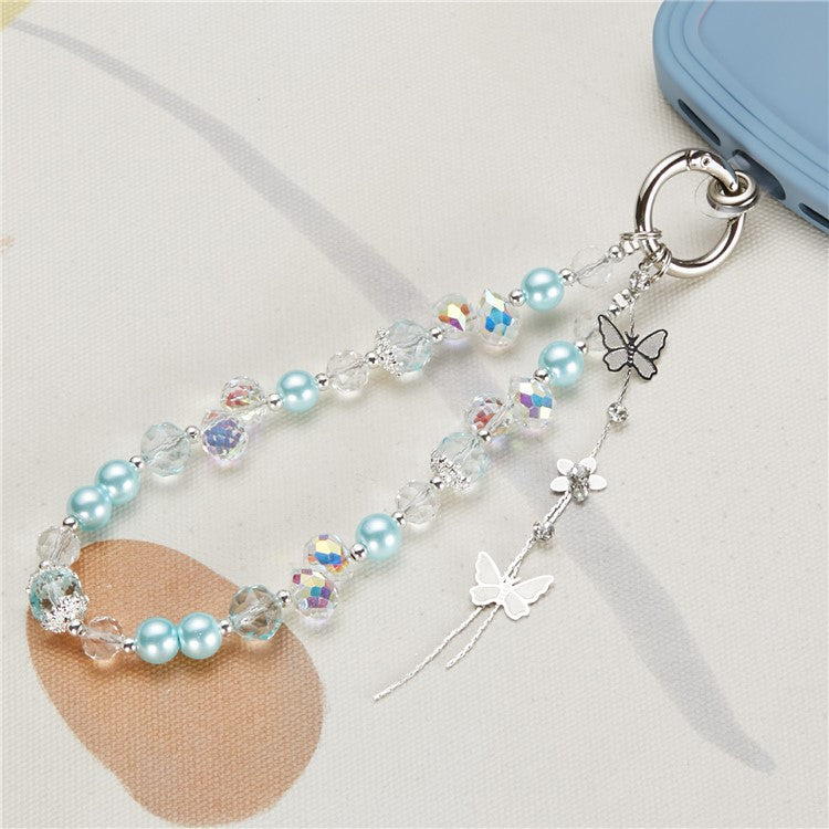 Cell Phone Charm Lanyard 26cm Alloy Butterfly Pendants Beads Phone Case Wrist Strap for Women Girls - Blue