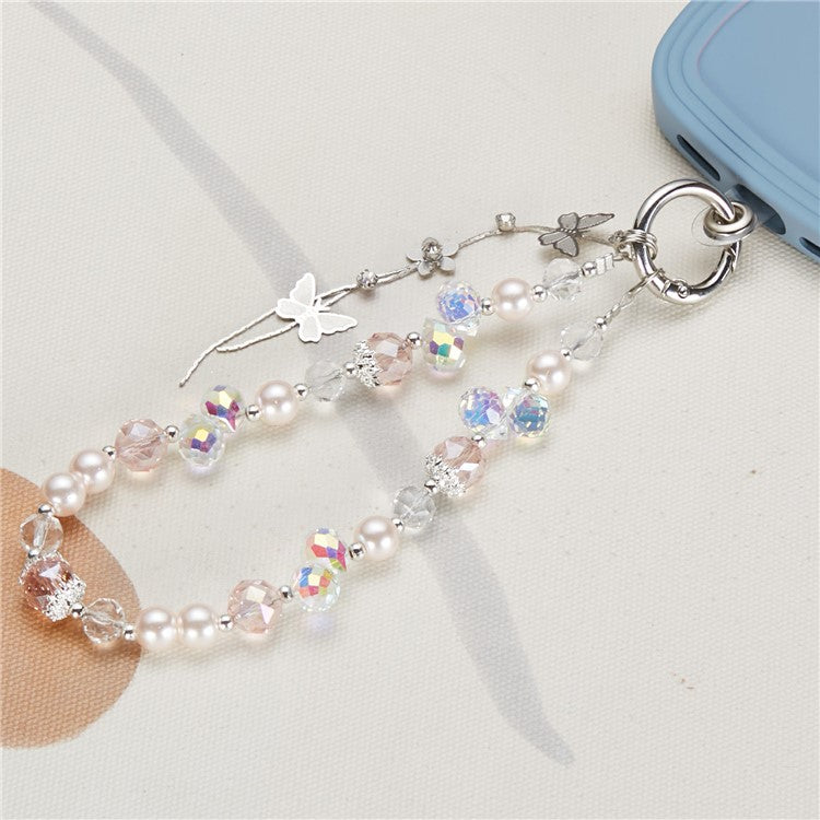 Cell Phone Charm Lanyard 26cm Alloy Butterfly Pendants Beads Phone Case Wrist Strap for Women Girls - Pink