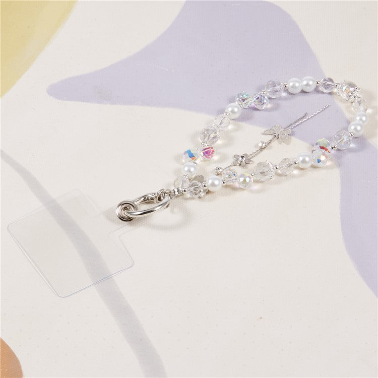 Cell Phone Charm Lanyard 26cm Alloy Butterfly Pendants Beads Phone Case Wrist Strap for Women Girls - White