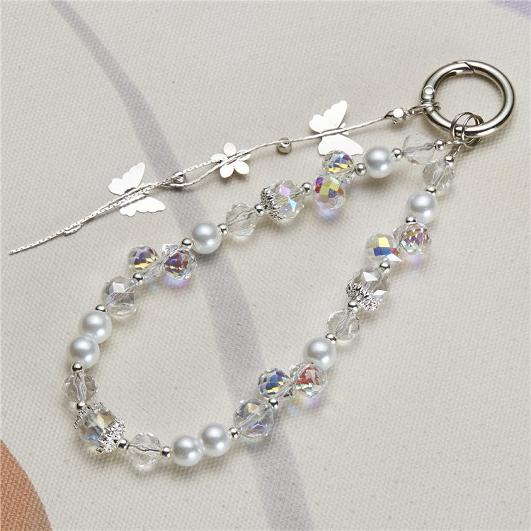 Cell Phone Charm Lanyard 26cm Alloy Butterfly Pendants Beads Phone Case Wrist Strap for Women Girls - White