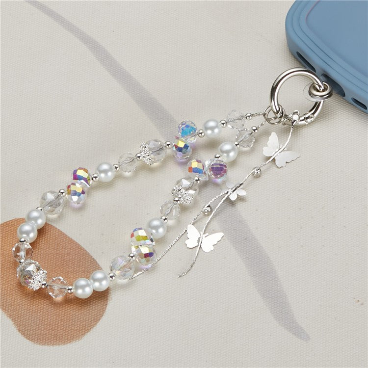 Cell Phone Charm Lanyard 26cm Alloy Butterfly Pendants Beads Phone Case Wrist Strap for Women Girls - White