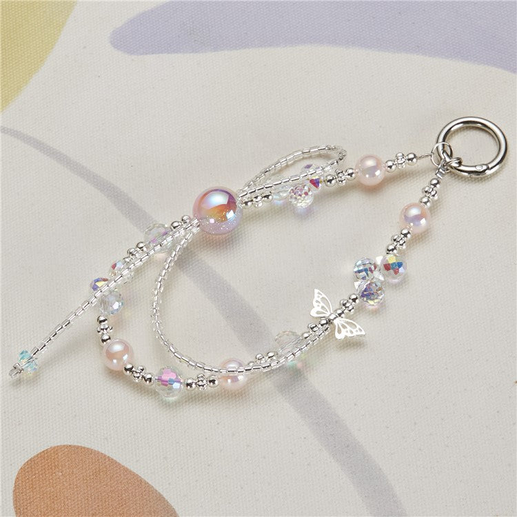 Cell Phone Charm Lanyard 26cm Butterfly Chain Beads Phone Wrist Strap for Women Girls - Pink