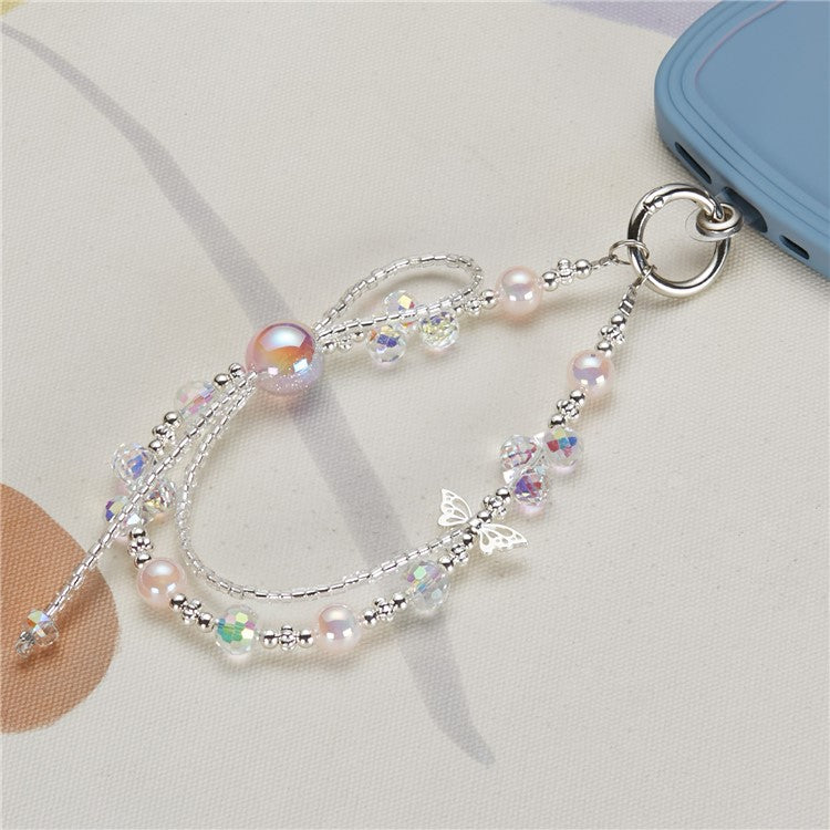 Cell Phone Charm Lanyard 26cm Butterfly Chain Beads Phone Wrist Strap for Women Girls - Pink