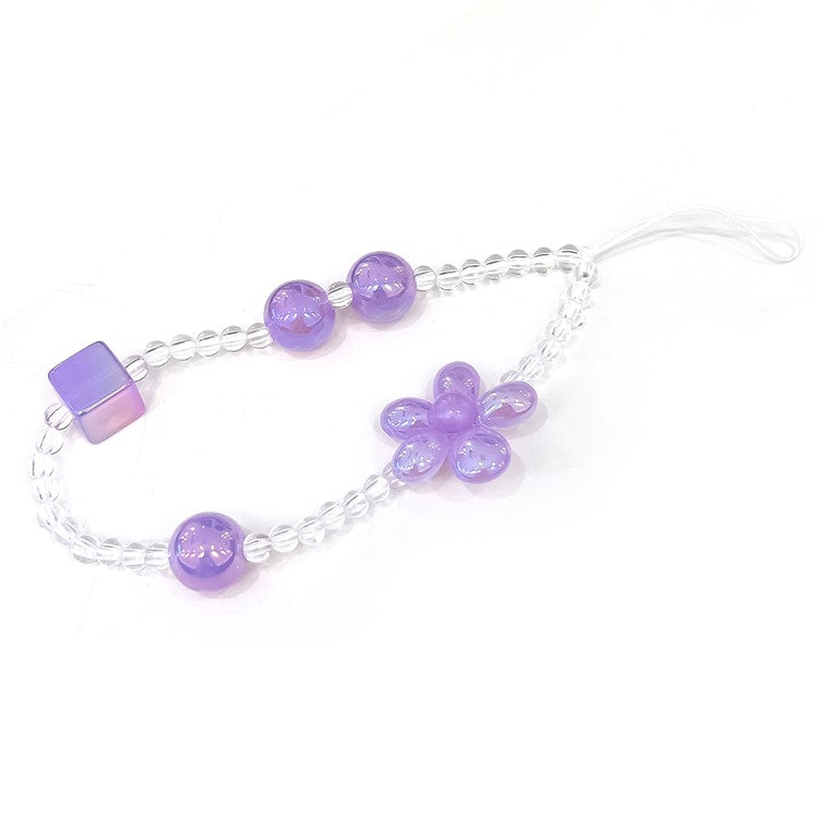 Beaded Phone Chain String Strap Flower Stationery Decoration Charm - Purple