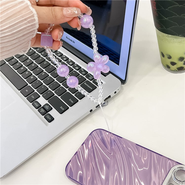 Beaded Phone Chain String Strap Flower Stationery Decoration Charm - Purple