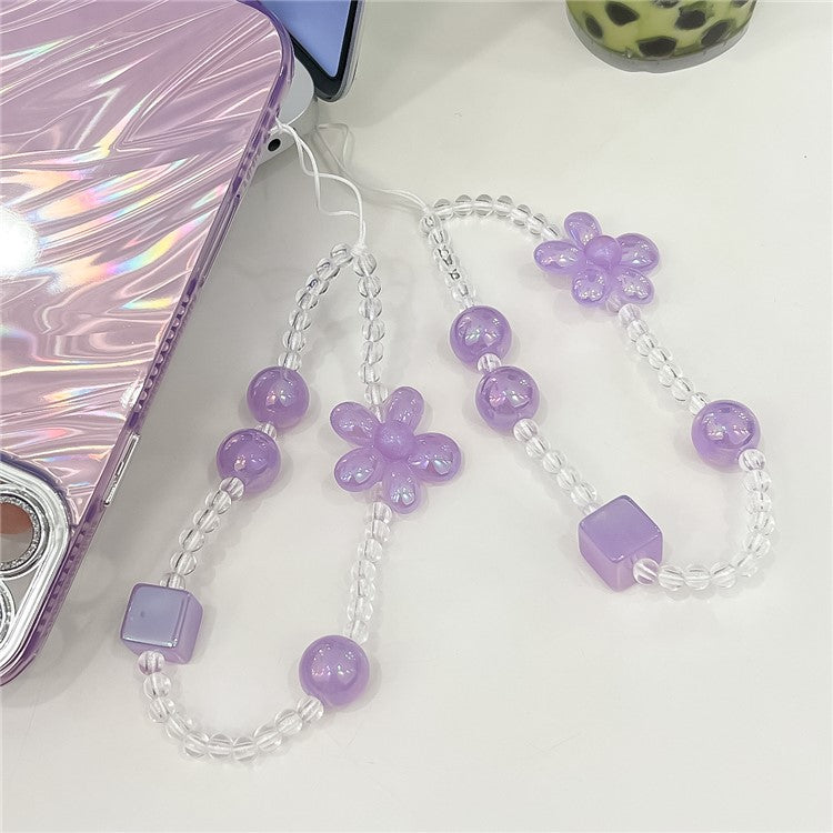 Beaded Phone Chain String Strap Flower Stationery Decoration Charm - Purple