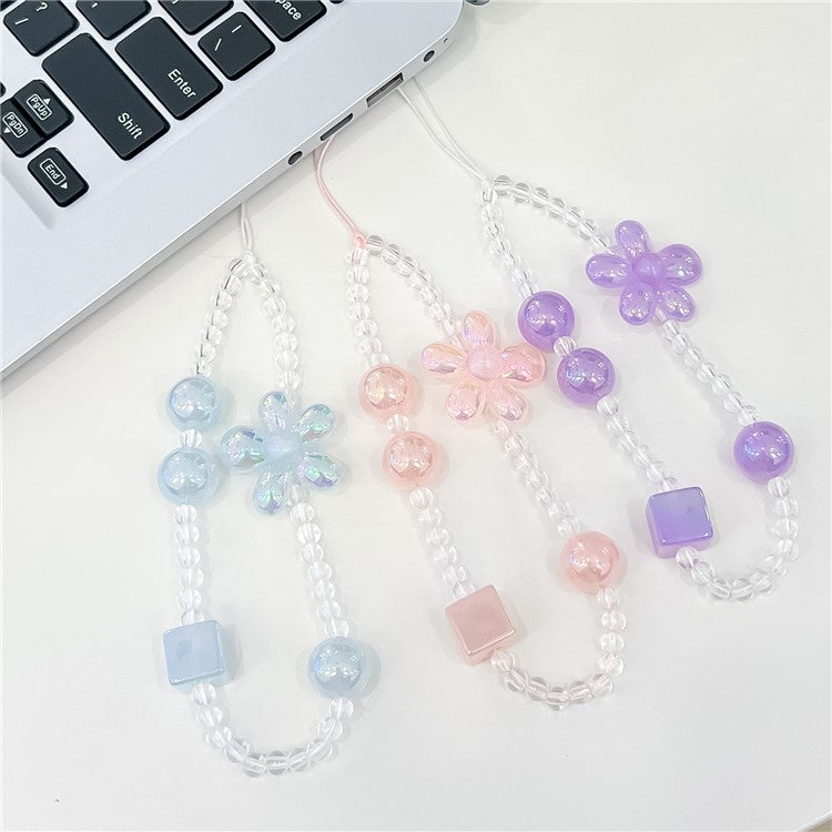 Beaded Phone Chain String Strap Flower Stationery Decoration Charm - Purple