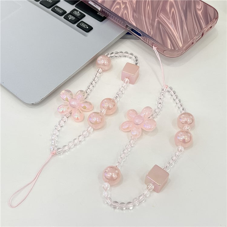 Beaded Phone Chain String Strap Flower Stationery Decoration Charm - Pink