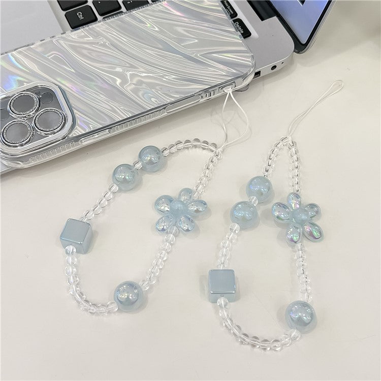 Beaded Phone Chain String Strap Flower Stationery Decoration Charm - Blue