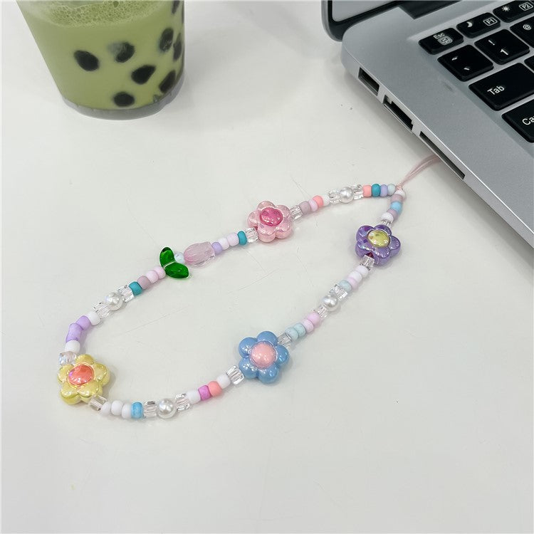 Beaded Phone Lanyard Wrist Strap Cute Flower Aesthetic Cell Phone Keychain Charm